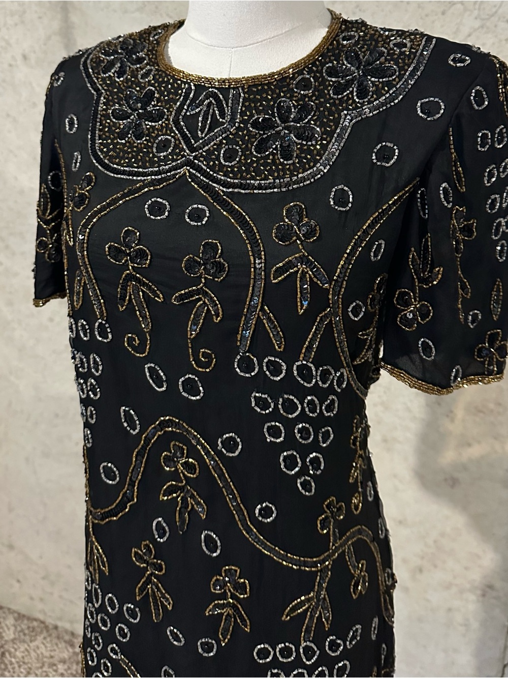 Vintage 80s Silk Beaded Cocktail Dress Art Deco Evening Wear Size MP - Picture 2 of 8